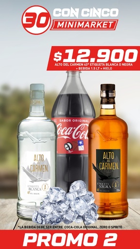 PROMO 2: Pisco Alto del Carmen 40° Etiqueta Blanca o Negra + Cocacola Original, zero, light o Sprite 1,5 Lt Desechable +Hielo